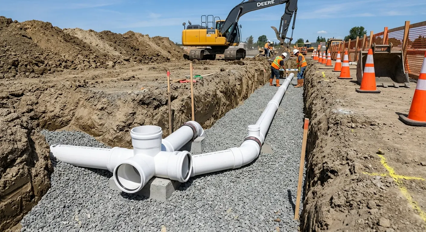 New PVC sewer pipe installation in open trench for Commercial Drain Cleaning in Spartanburg