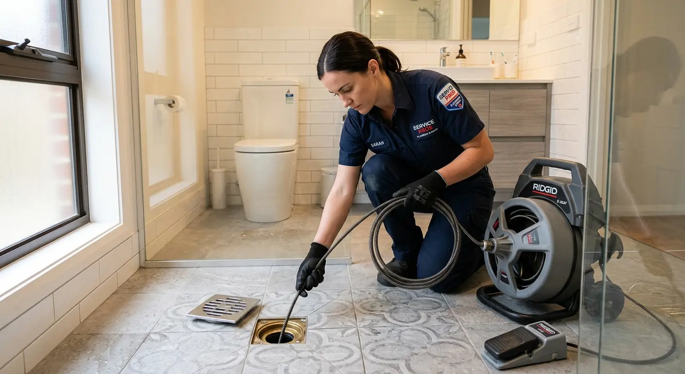 Technician clearing a bathroom floor drain for Hydro Jetting in Spartanburg